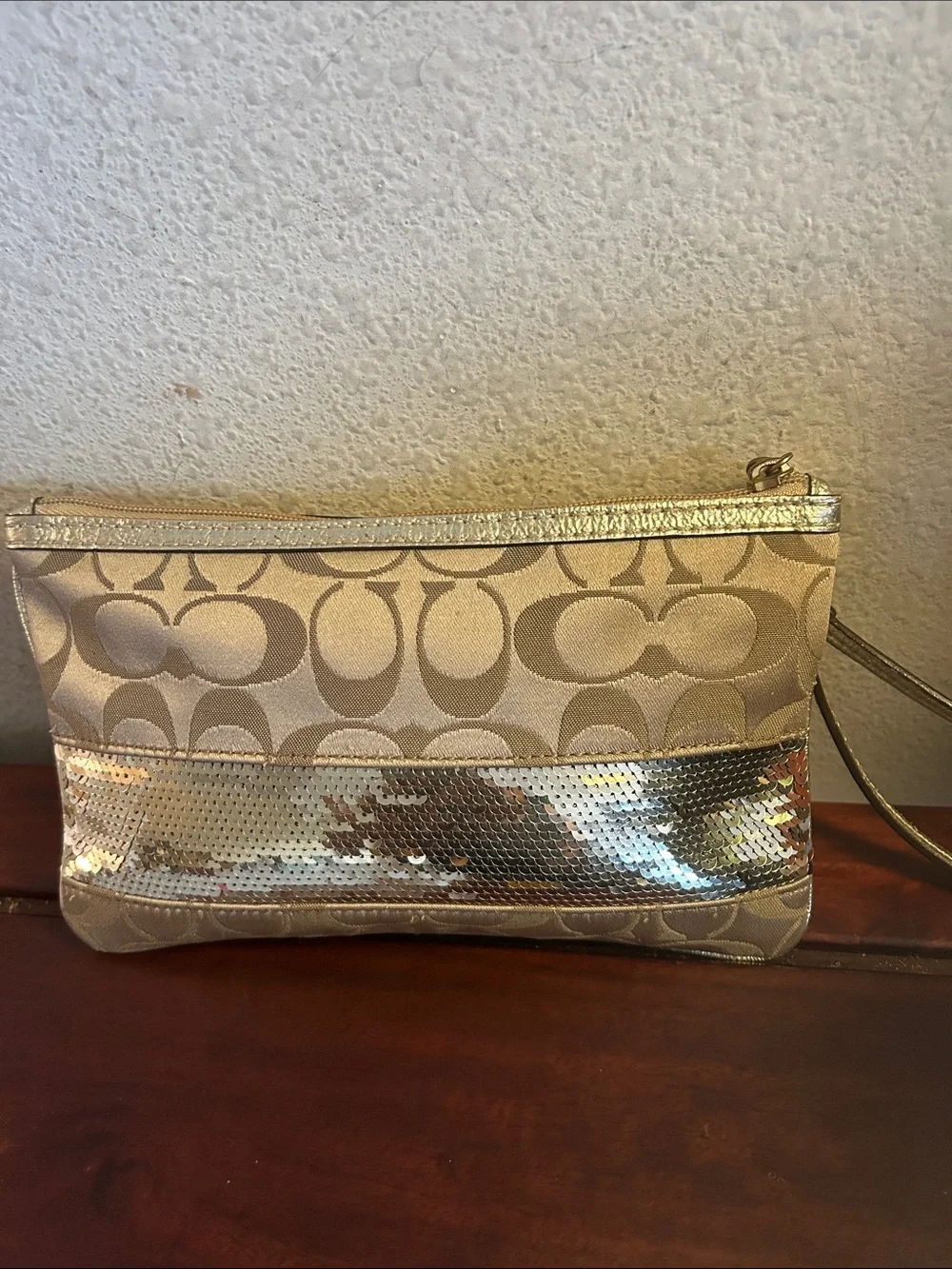 Coach Gold Signature Sequin Clutch Wristlet